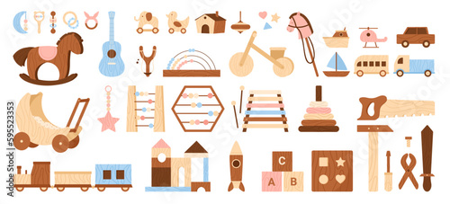 Wooden toys set vector illustration. Cartoon isolated learning Montessori equipment for early games of baby children, wood collection of puzzles and block cubes, rocket and boat, car and horse
