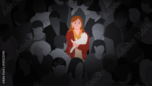 Loneliness of woman in crowd, mental disorder vector illustration. Cartoon lonely sad outcast girl standing with cat, feeling anxiety among indifference of group of people, panic attack of person