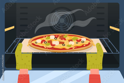 Cartoon person cooking food in home kitchen, chef in mittens baking concept. Hands in gloves open oven door and take away homemade pizza vector illustration