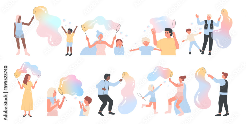 Soap bubble show set vector illustration. Cartoon isolated kids and adults play and blow giant balloons, adorable little girls and boys blowing big bubbles, spheres and air balls on foam party