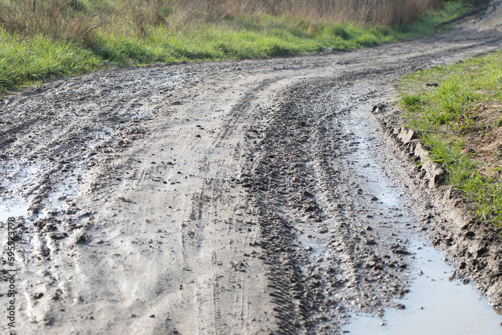 Mud, puddles, a country road after rain. Soggy ground.