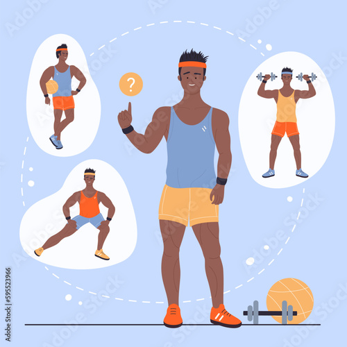 Active man choosing between different types of healthy physical activity for wellbeing vector illustration. Cartoon poster with male character thinking about sports choice, soccer or fitness, yoga