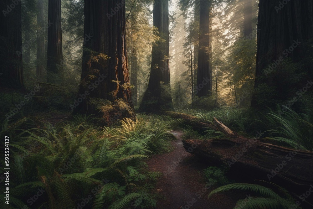 Early morning redwood forest view. Generative AI