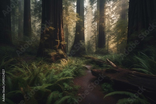 Early morning redwood forest view. Generative AI