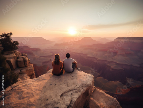 Living couple watching the sunset over the grand canyon