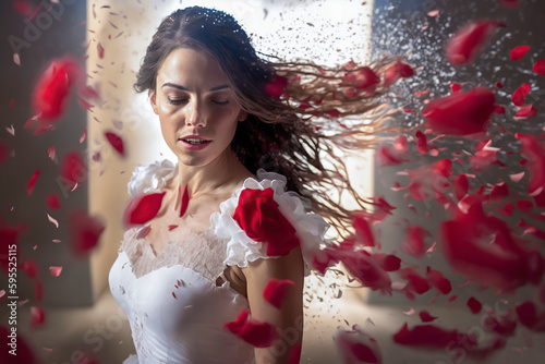 Bride in a Beautiful White Dress, Surrounded by Falling Red Rose Petals: A Romantic Wedding Scene, ai generative photo