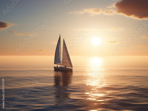Boat on the ocean sailing into sunset