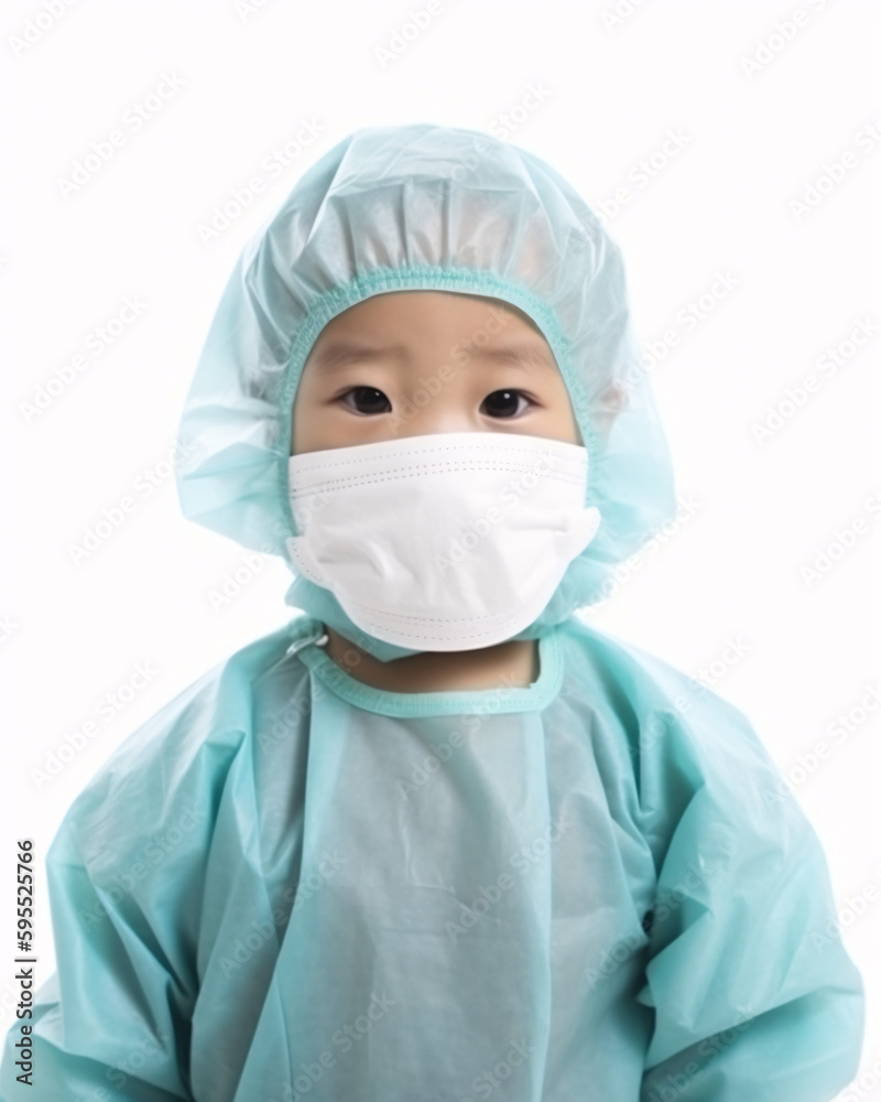 Health and Safety of Future Healthcare workers: Asian Toddler Wearing Mask in Clean Studio Background. Health and Safety of Future Healthcare workers: Asian Toddler Wearing Mask in Clean Studio Background.