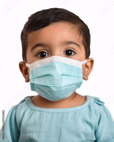 Health and Safety of Future Healthcare workers: Middle Eastern Toddler Wearing Mask in Clean Studio Background. 