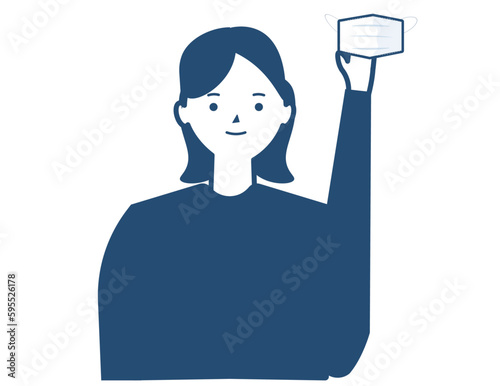 マスクを外す女性。マスク解除、マスク着用義務の解除。ベクターイラスト