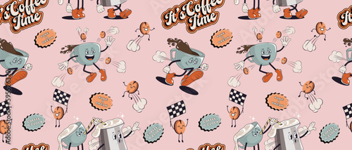 Coffee retro cartoon fast food seamless pattern. Comic character, slogan, quotes and other elements for burger bar, cafe, restaurant. Groovy funky trendy vector illustration and background.