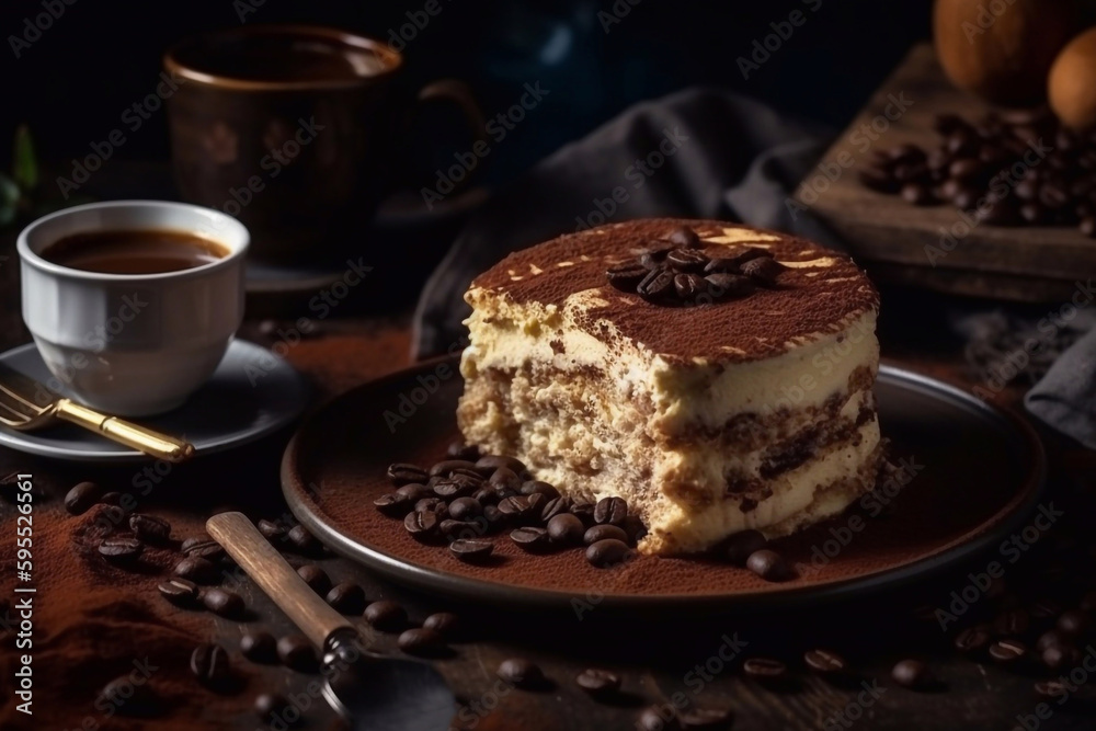Delicious appetizing tiramisu cake with savoiardi sticks and coffee cream. World famous dessert. Generative AI. Delicious appetizing tiramisu cake with savoiardi sticks and coffee cream. World famous dessert. Generative AI.