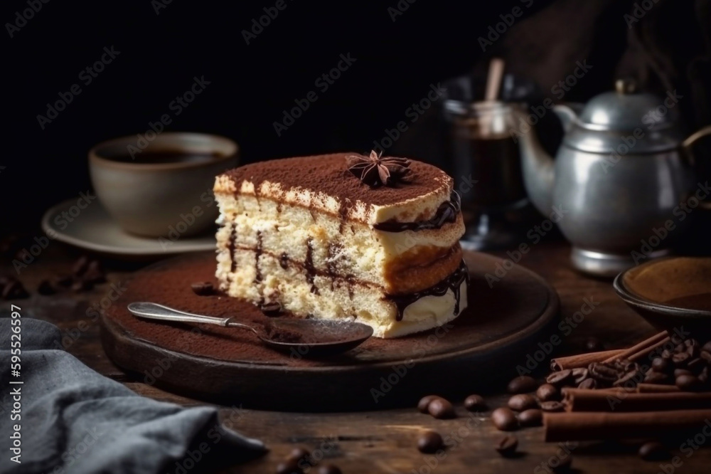 Delicious appetizing tiramisu cake with savoiardi sticks and coffee cream. World famous dessert. Generative AI.