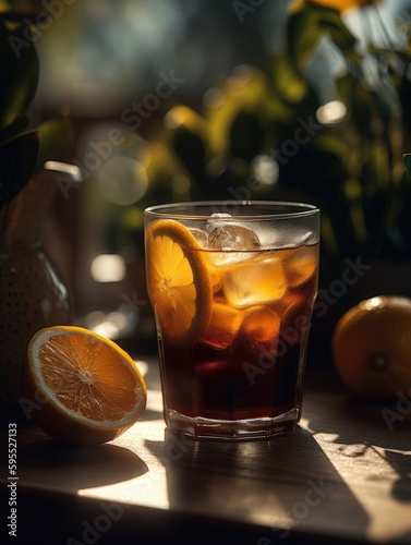 An iced americano with a slice of lemon on a sunlit garden table, generative AI photo