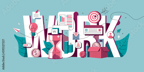 A text composition illustrating work with workflow attributes: notes, diagrams, folders, reports, messages. Illustration template for websites and applications.