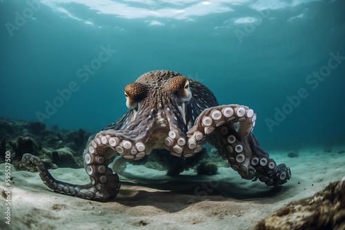 Mysterious Octopus, Underwater sea creature in blue - Generative ai