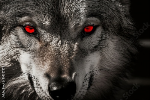 Monochrome Wild wolf with red eyes staring intensely at the camera - Generative ai