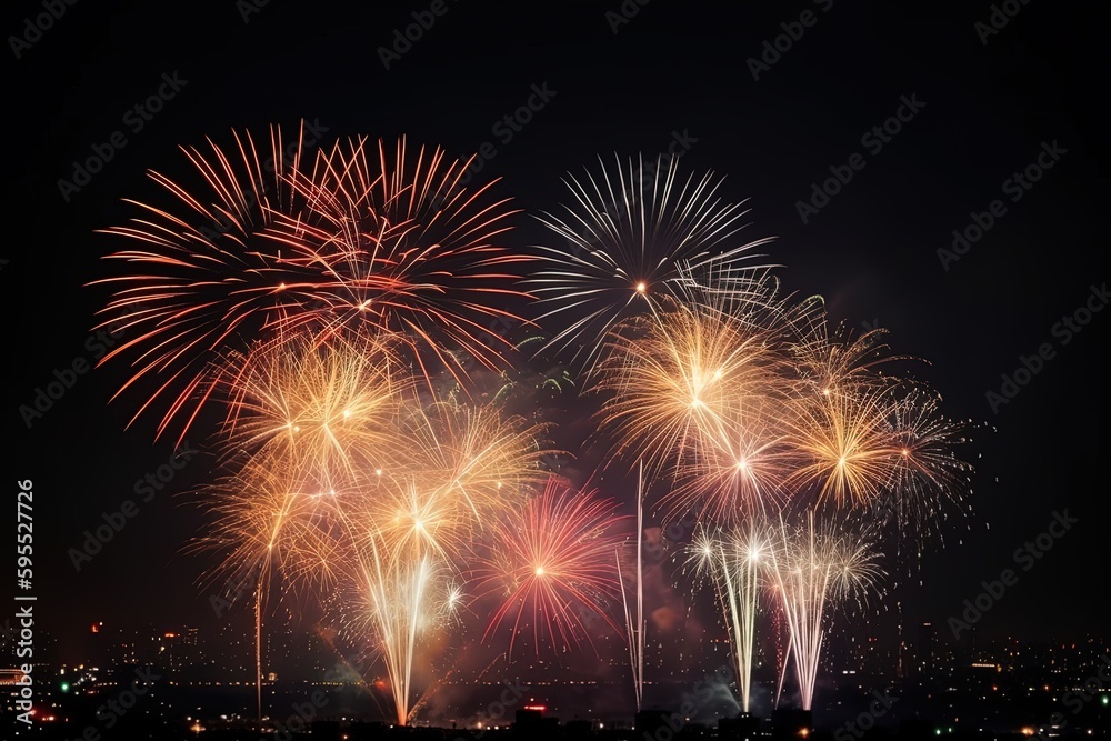 Abstract firework celebration in the city, Generative AI Abstract firework celebration in the city, Generative AI