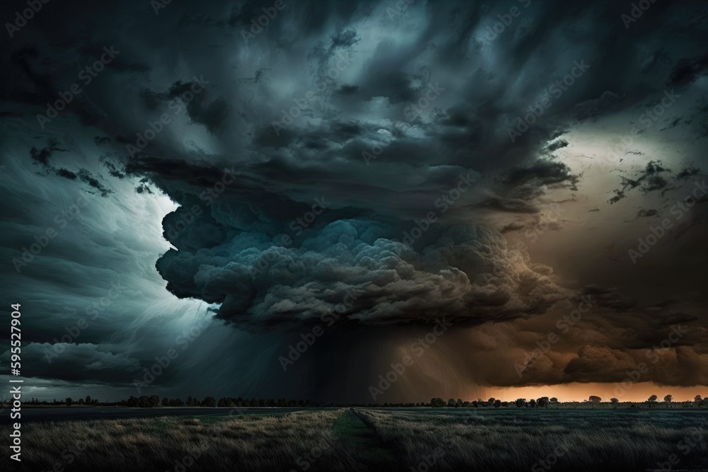 Dark stormy sky with lightning and rain over field. Nature background