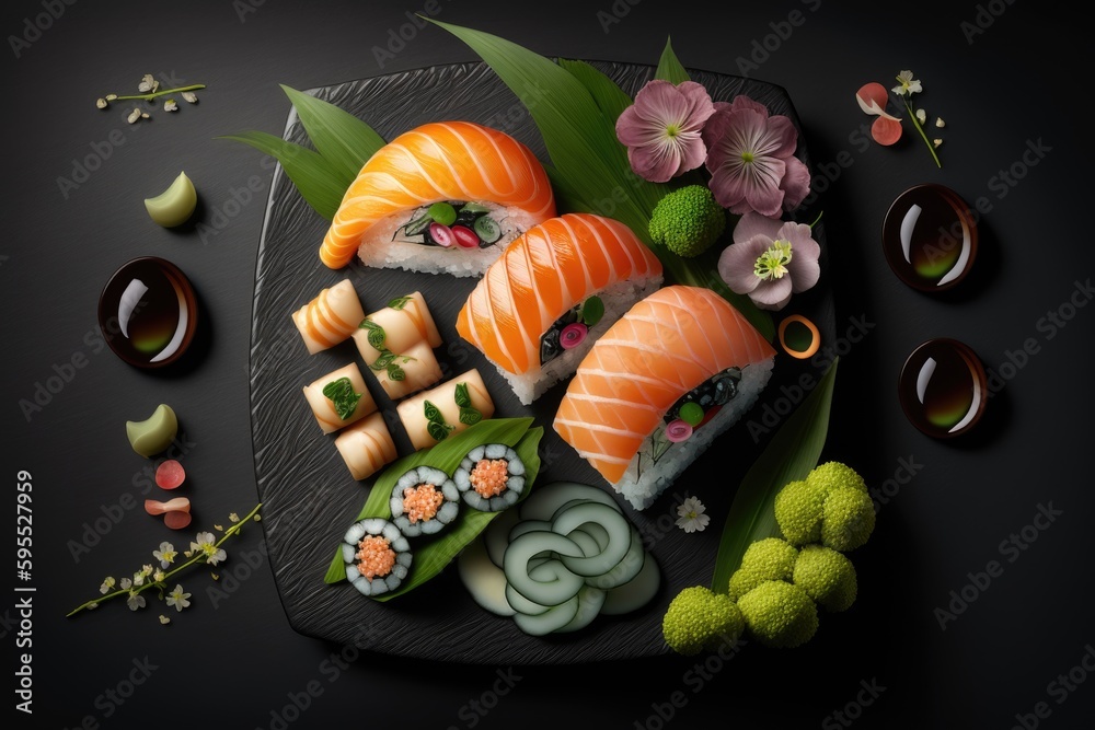Sushi set on a black background, japanese food style