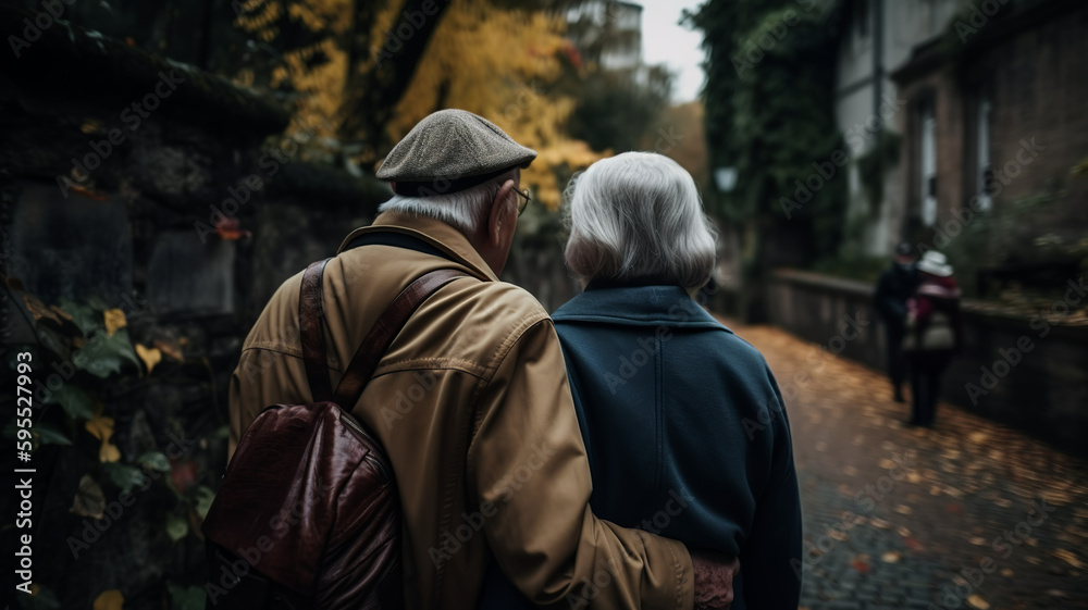 Happy senior couple walking in the city, Generative AU Happy senior couple walking in the city, Generative AU