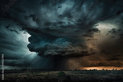Dark stormy sky with lightning and rain over field. Nature background