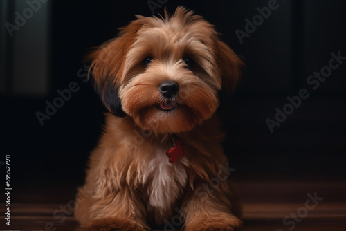 Portrait of a happy havanese puppy on a dark background. High quality photo