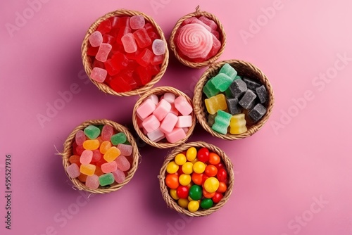 A top view different candies colorful inside little baskets on pink, sweet sugar color confiture. Generative ai