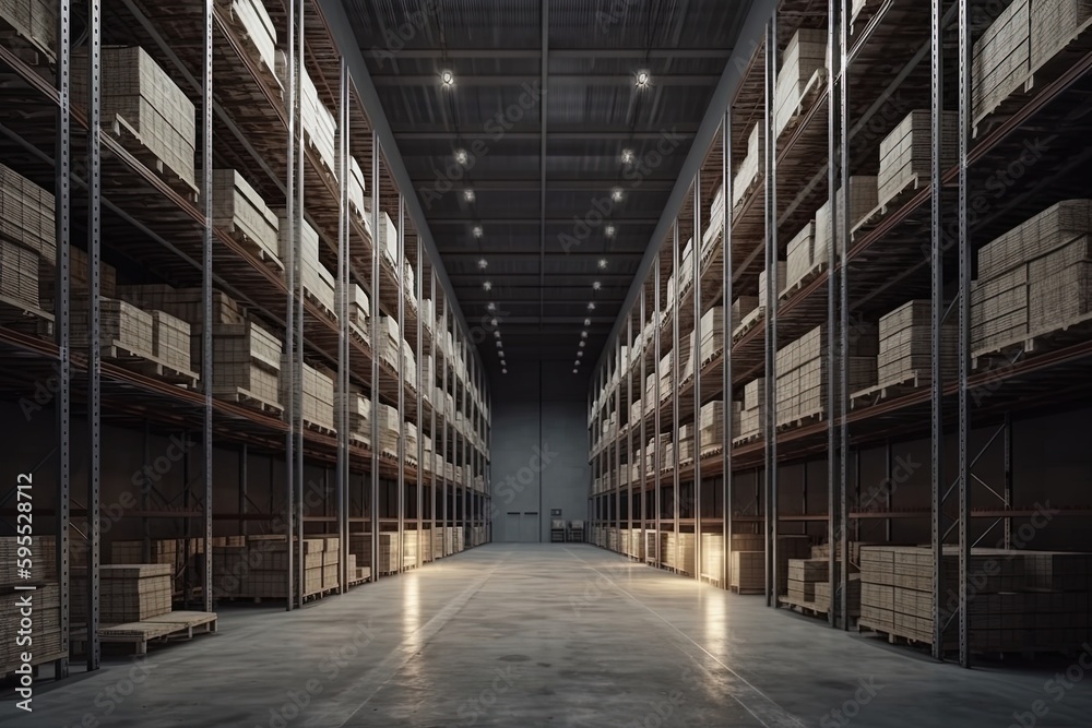 Image of warehouse storage and shelves, Generative AI Image of warehouse storage and shelves, Generative AI