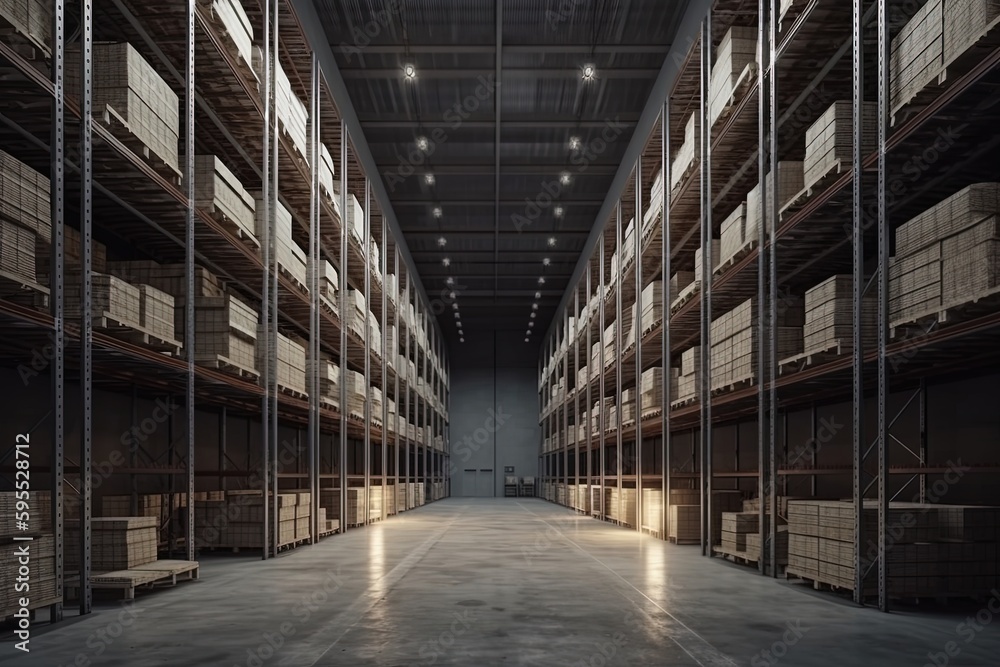 Image of warehouse storage and shelves, Generative AI