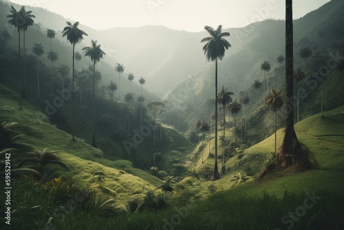 The Quindio wax palm grows in Colombia's Cocora Valley, home to stunning tropical highland scenery near Salento. Generative AI photo