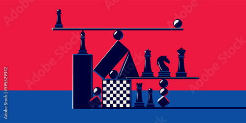 Various geometric and chess pieces in an abstract style. The concept of balance, intellectual game, stability. Game of chess.
