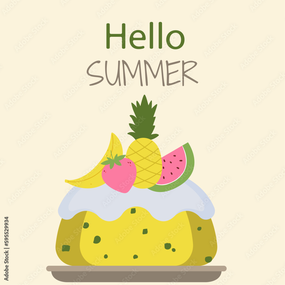Illustration Hello Summer with Fruits and Berry Pudding Illustration Hello Summer with Fruits and Berry Pudding