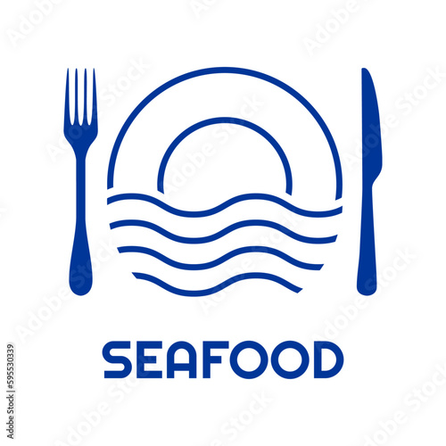 Logo restaurante con texto Seafood con plato lineal con olas de mar y cubiertos