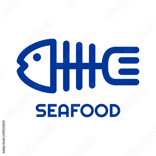 Logo restaurante con texto Seafood con cabeza y espina de pescado lineal con tenedor como cola
