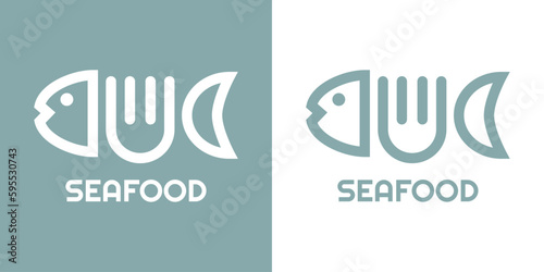 Logo restaurante con texto Seafood con cabeza y tenedor como espina de pescado lineal