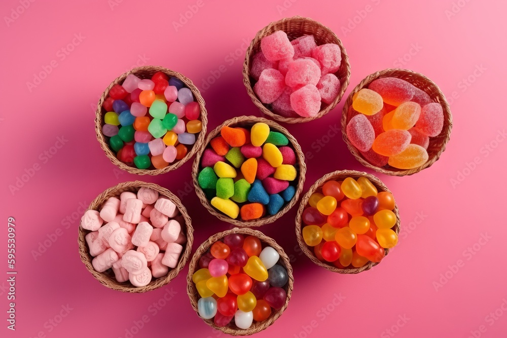 A top view different candies colorful inside little baskets on pink, sweet sugar color confiture. Generative ai A top view different candies colorful inside little baskets on pink, sweet sugar color confiture. Generative ai