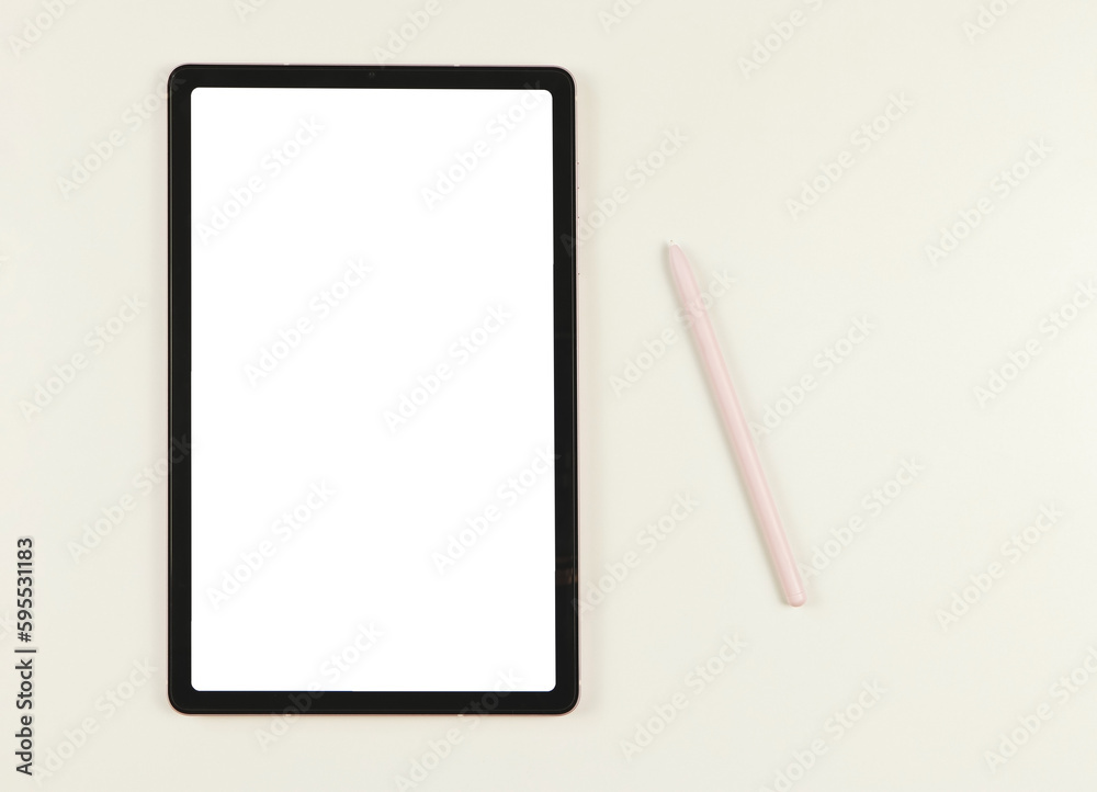 flat lay of digital tablet with blank white screen and pink stylus pen isolated on white background. flat lay of digital tablet with blank white screen and pink stylus pen isolated on white background.