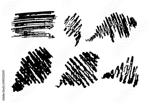 Chalk and pencil monochrome strokes isolated on white background. Charcoal or pastel streak and stain  for banner, border, text box, backdrop or other design. Vector illustration. Set.