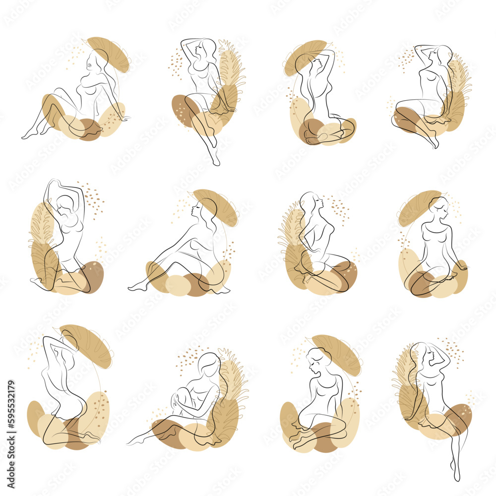 Collection. Silhouette of a woman in a modern continuous line style and leaves of a plant. The girl is slim and beautiful. Lady suitable for decor, posters, stickers, logo. vector illustration set Collection. Silhouette of a woman in a modern continuous line style and leaves of a plant. The girl is slim and beautiful. Lady suitable for decor, posters, stickers, logo. vector illustration set