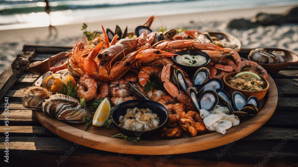 A platter of assorted grilled seafood, including prawns, scallops, and salmon, presented on a wooden board.