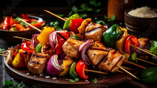 A grilled chicken and vegetable kabob platter, featuring juicy chicken pieces and colorful vegetables like bell peppers and onions