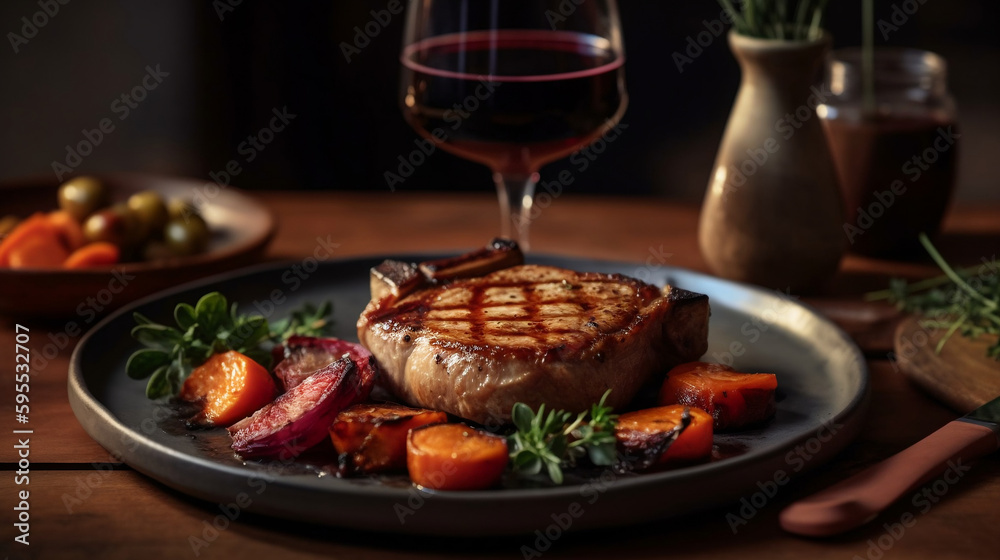 A grilled pork chop with apple compote, served with a side of roasted vegetables