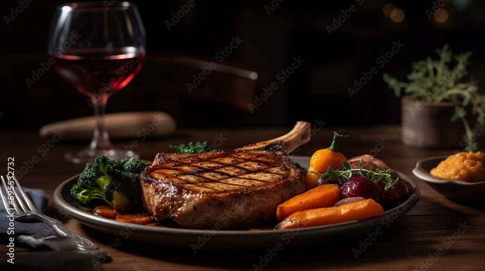 A grilled pork chop with apple compote, served with a side of roasted vegetables A grilled pork chop with apple compote, served with a side of roasted vegetables