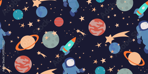 Seamless repeating cosmic pattern of planets, stars and astronaut on a dark background. Children's background for textiles, pajamas and bed linen.