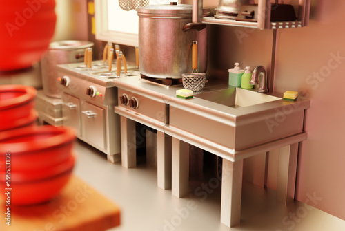 Restaurant kitchen with stainless steel equipment and furniture. Modern industrial kitchen. Cute Cartoon Style. 3d render illustration © bluso