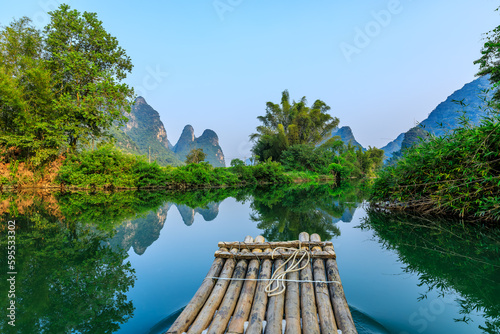 Landscape of Guilin, Li River and Karst mountains. Located near Yangshuo, Guilin, Guangxi, China. Take a bamboo raft tour Guilin landscape.