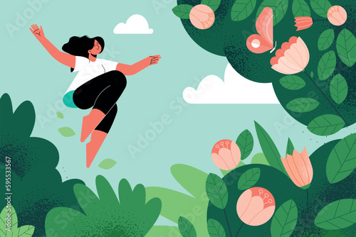 Illustration of nature, enjoyment of life, ecology. Vector concept for web banner, poster, marketing, social media, background.