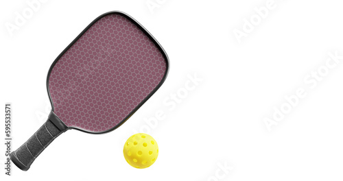 Racket and sports ball for pickleball. Close-up 3d render