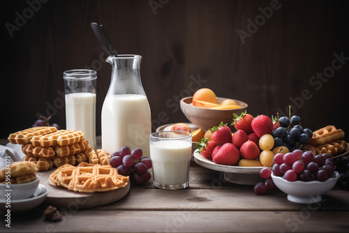 Healthy breakfast table scene with, fruits, milk and waffles on the kitchen table. High quality photo